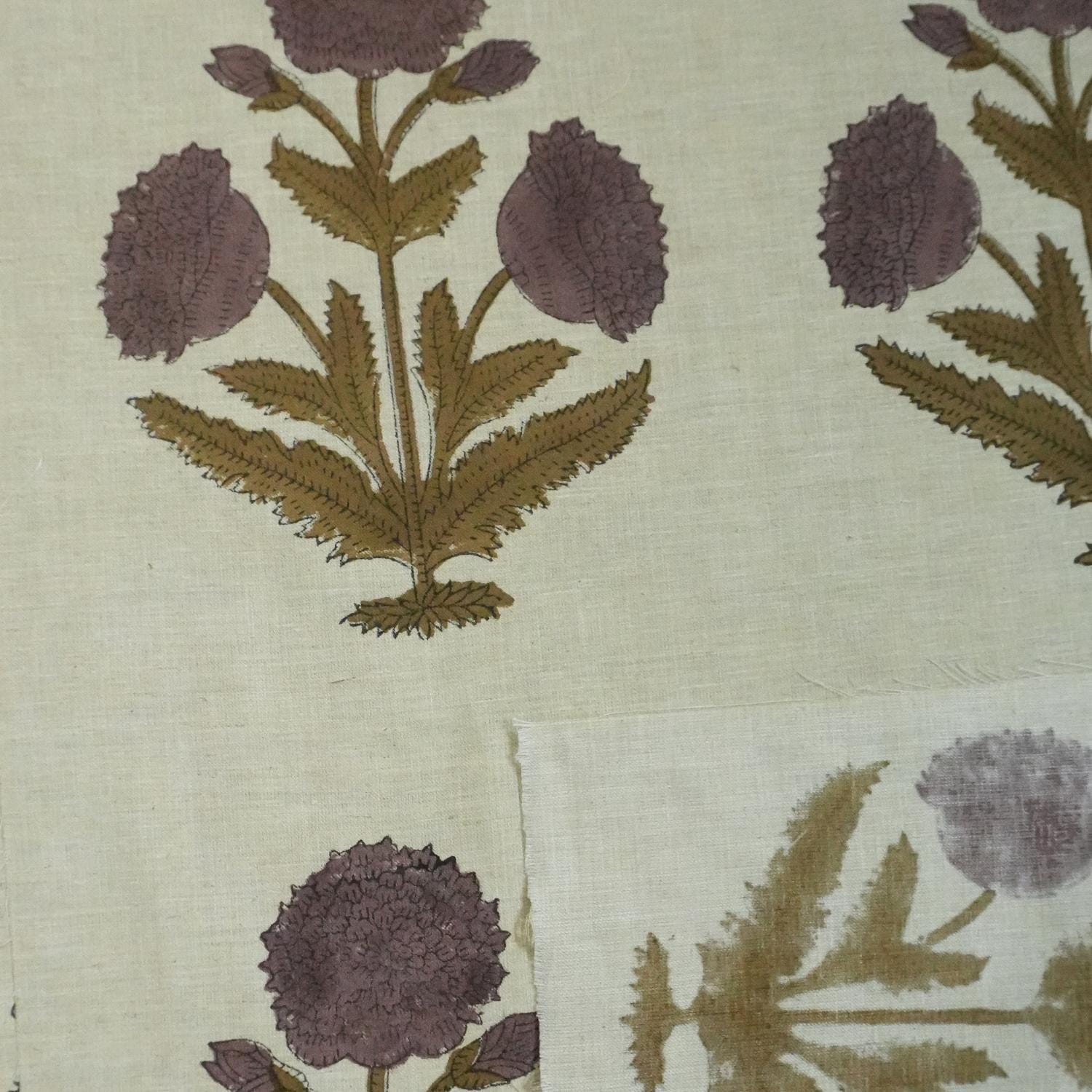 Linen Block Print Fabric Linen Blend 58 Inch Width Light Weight Linen Natural Base Color Curtains and Drapes Upholstery Handmade Art Pillow Covers Tablecloths and Runners Bedding Tote Bag Lampshades Napkins by Fabritual