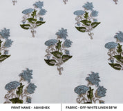 Abhishek  Indian Fabric Grey Green Offwhite Linen Upholstery, Home Decor Fabric, Hand Block Art, Handloom Linen, Cushion Fabric