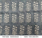Inderdhanush Dark Grey  Pure Linen Natural Fabric With Floral Hand Block Print  Fabric By The Yard  Fabric Perfect For Upholstery,Cushion