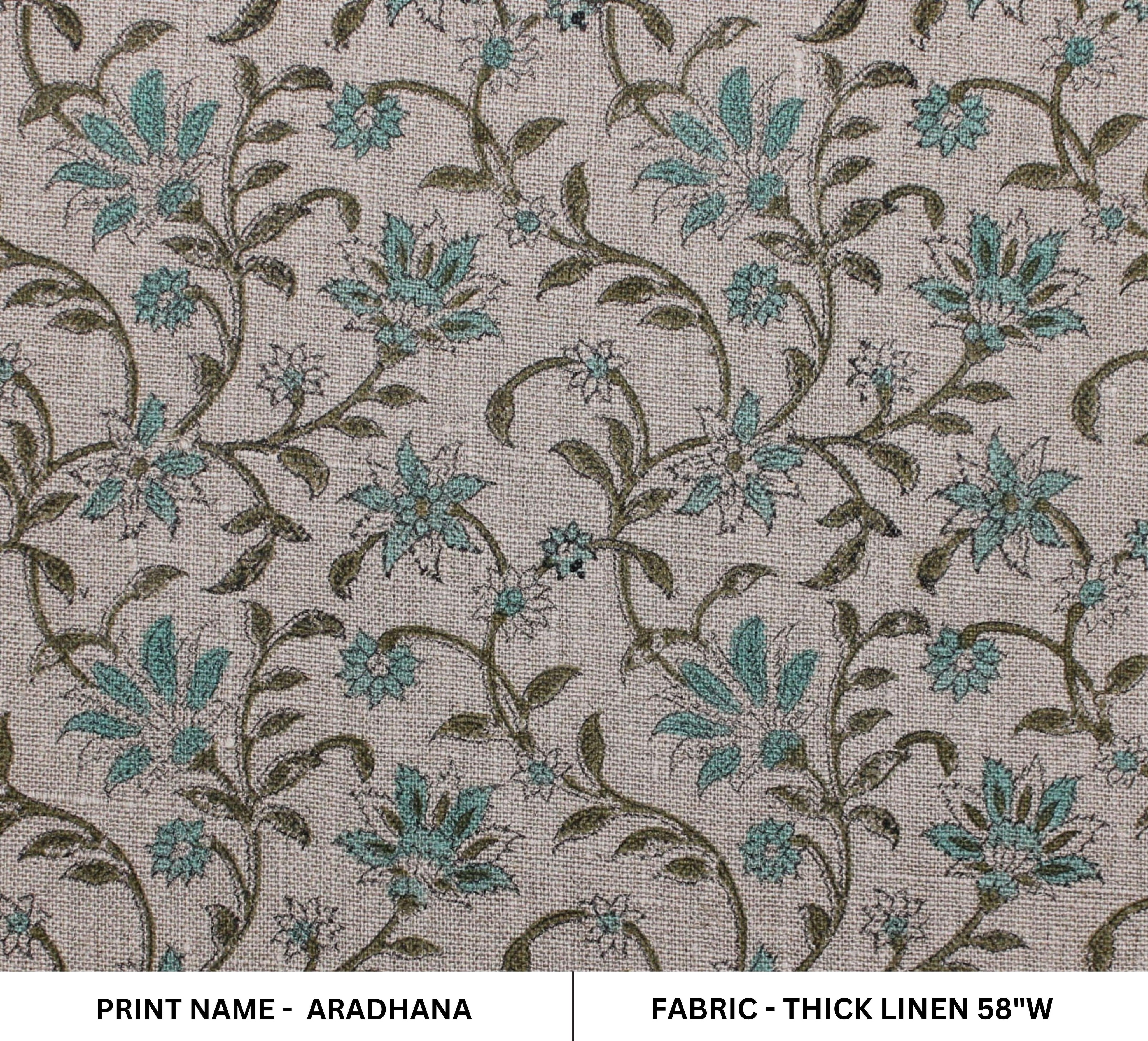 Aradhana Blue  Floral Linen Block Print Fabric, Handloom Linen, Hand Blocked Upholstery, Pillow Case Home Decor