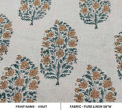 Block Print Linen Fabric, Virat  Brown Gray Floral Block Print Linen Fabric, Cushion Pillow Fabric, Upholstery Home Decor Boho Fabric, Hand Block