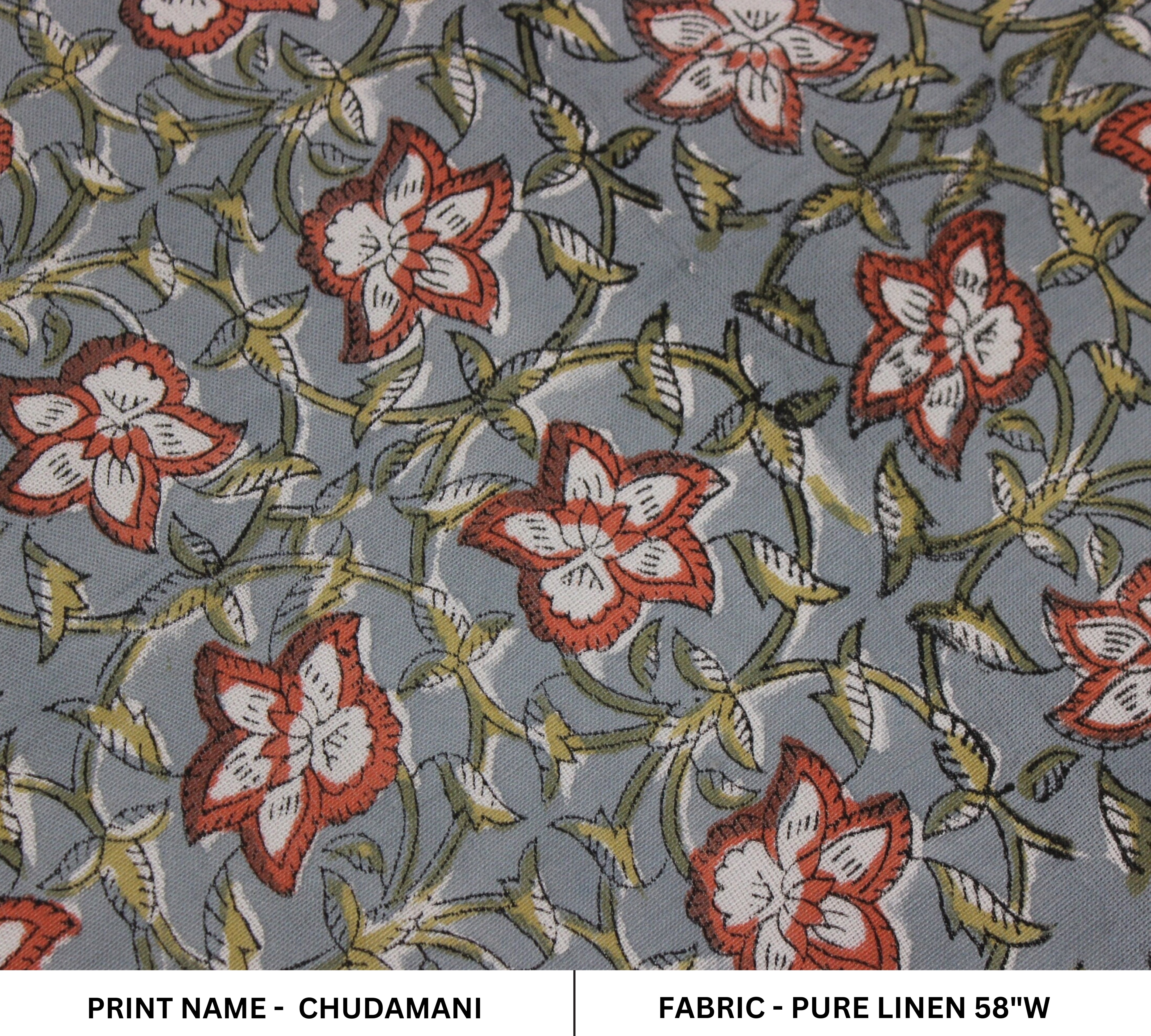 Chudamani  Beautiful Floral Hand Block Print  On Indian Linen & Cotton Fabrics By The Yard