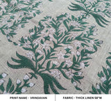 Indian Block Printed Throw Thick Linen Fabric For Window Curtains Green and Gray Floral - VRINDAVAN