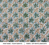 Handmade Leaf Block Printed Gray and Green Floral Off-White Linen Fabric - PUSHP SAMHITA