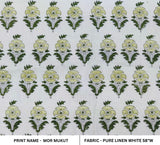 Olive Green & Silver Floral Block Printed Pure White Linen Fabric for Bedroom Decor – MORMUKUT