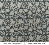 Handmade Designer Block Printed  Black and Beige Floral Throw Thick Linen Fabric - MANIKARNIKA