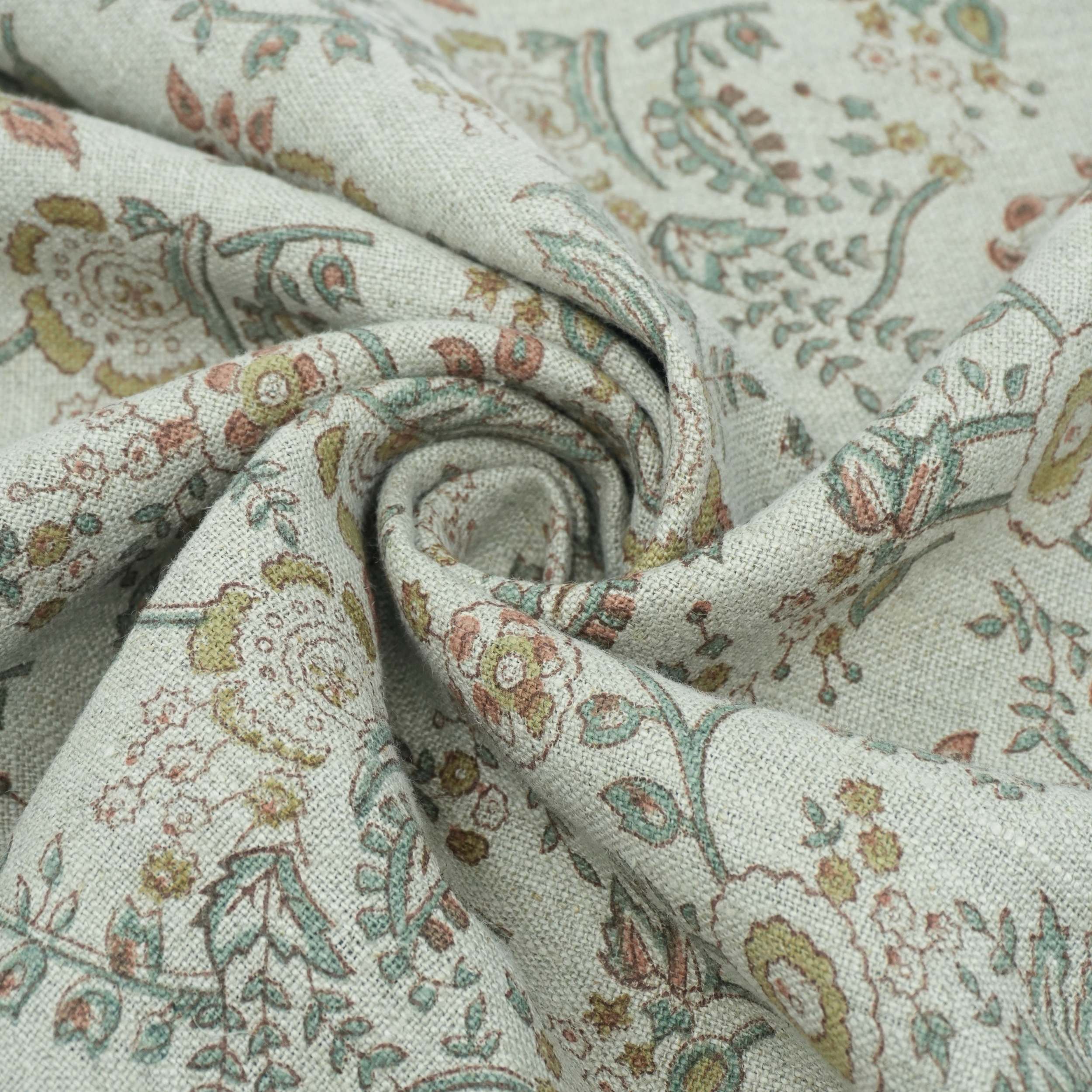 Blue Brown Floral Hand Block Print Linen Arpan Fabric
