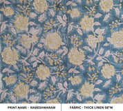 Block Print Linen Fabric, Rameshwaram  Floral Linen Fabric Block Print, Fabric By The Yard, Tablecloth Fabric, Cushion Cover Fabric, Block Print Upholstery