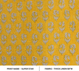 Hand Block Printed Throw Boho Yellow and Gray Floral Thick Linen Fabric For Bedroom - SUPER STAR
