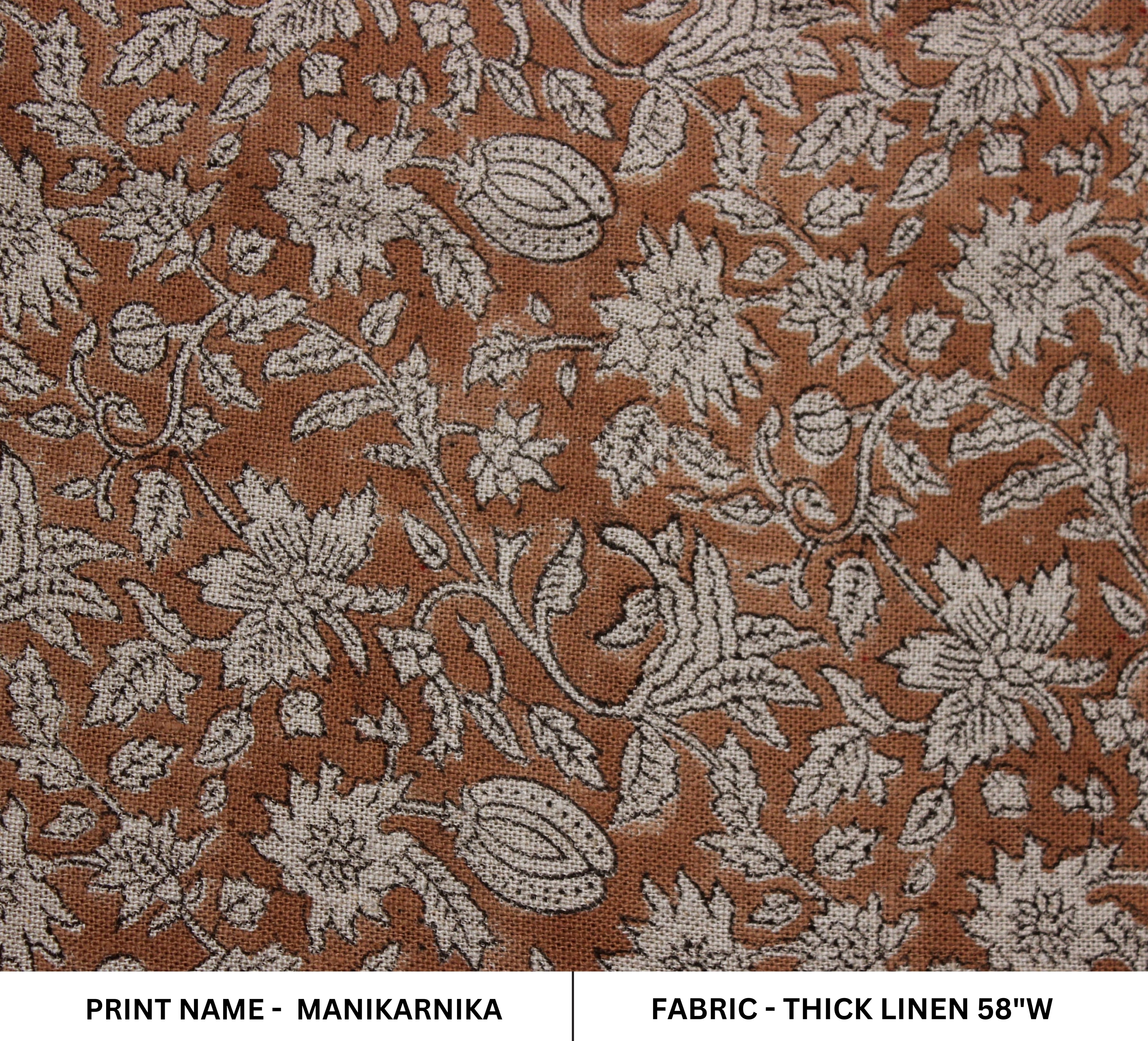 Block Print Linen Fabric, Manikarnika  Handloom Linen Fabric, Block Print Thick Linen Fabric  Brown Floral Block Print Fabric  Linen By The Yard