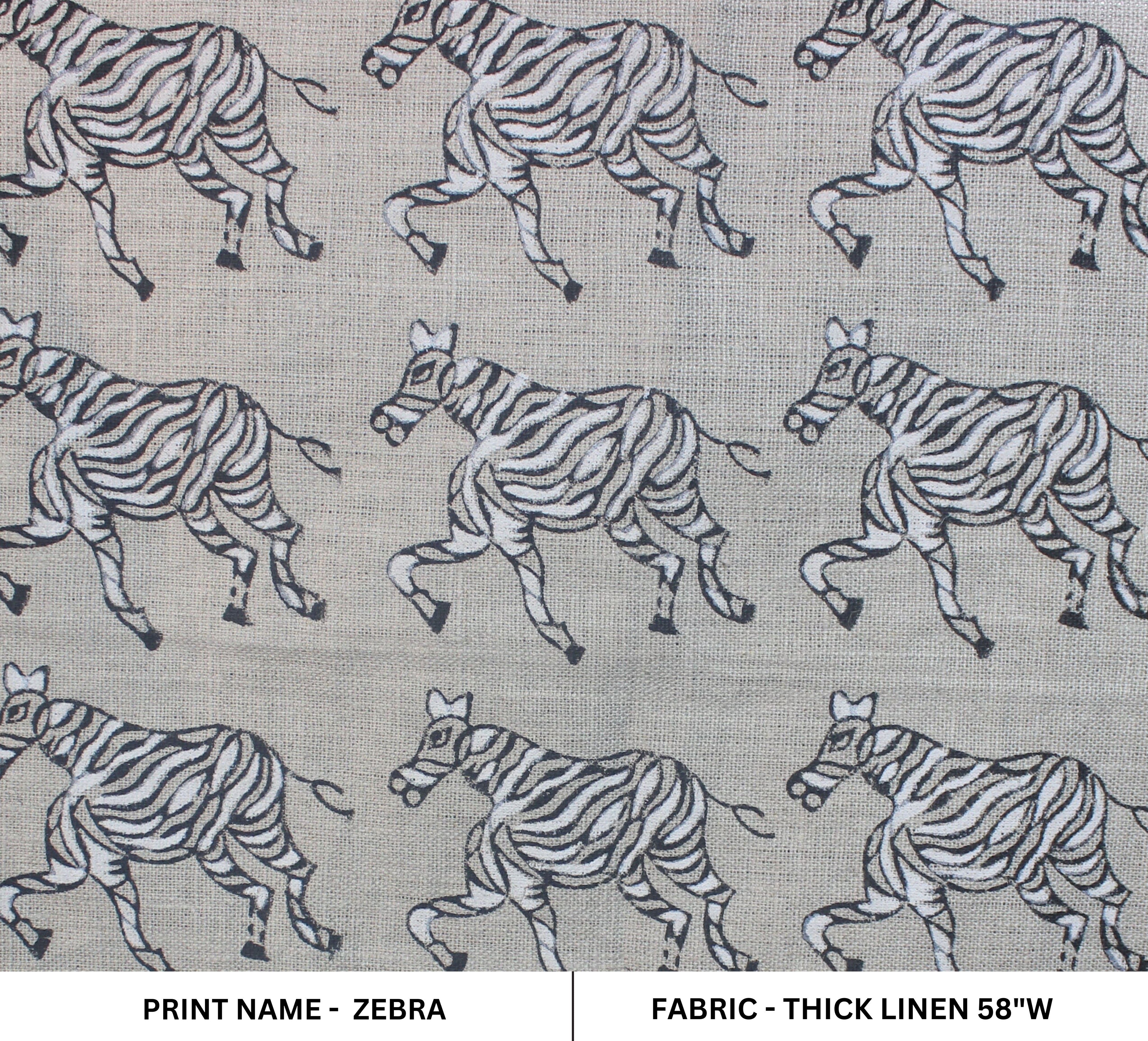 Block Print Linen Fabric, Zebra  Blue White Block Print Fabrics  Zebras  Black/White  Linen Fabric By The Yard