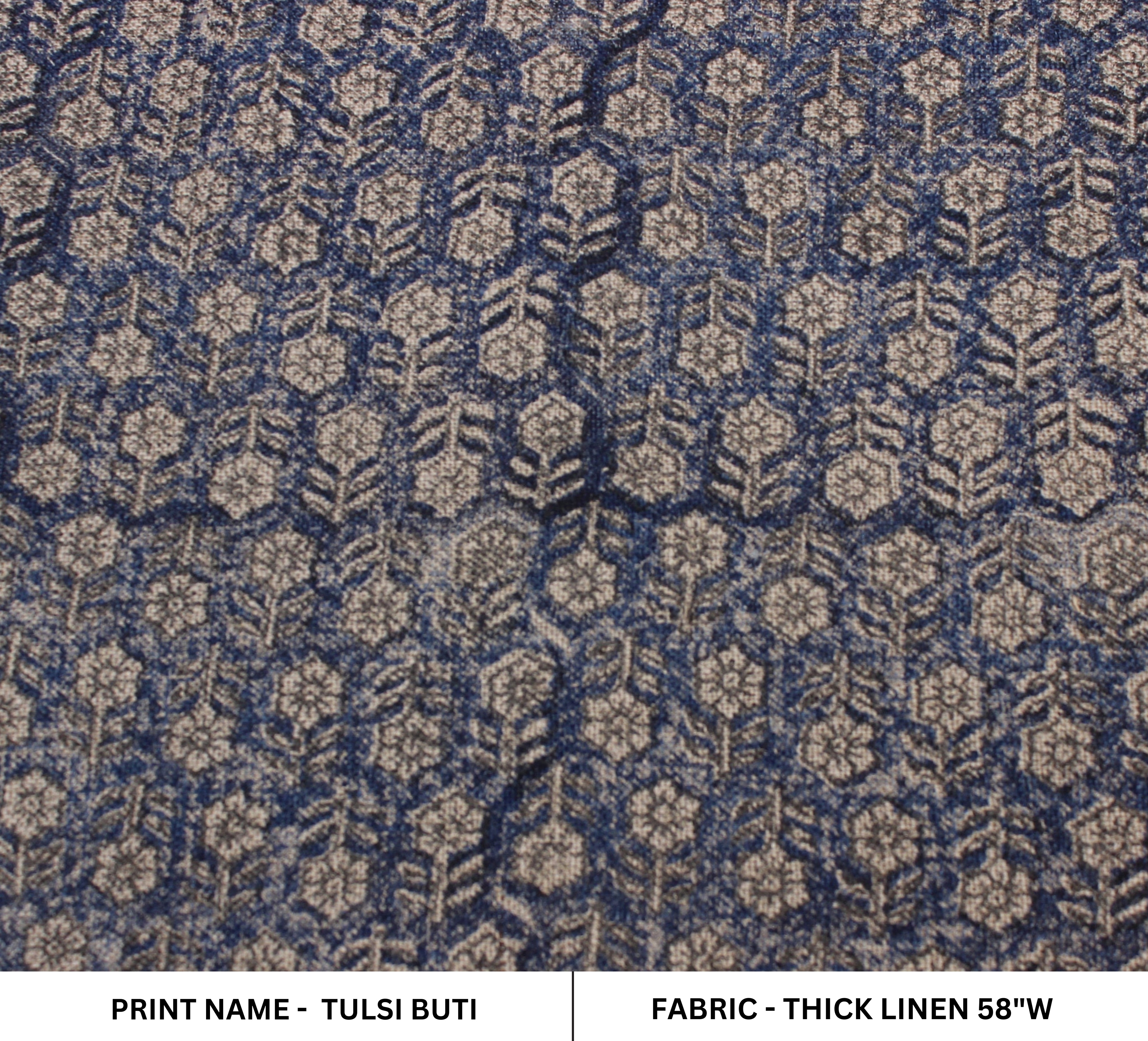 Block Print Linen Fabric, Tulsi Buti Dark Blue  Popular Indian Handmade Art Block Print Linen  Linen By The Yard  Heavy Weight Decorative Fabric