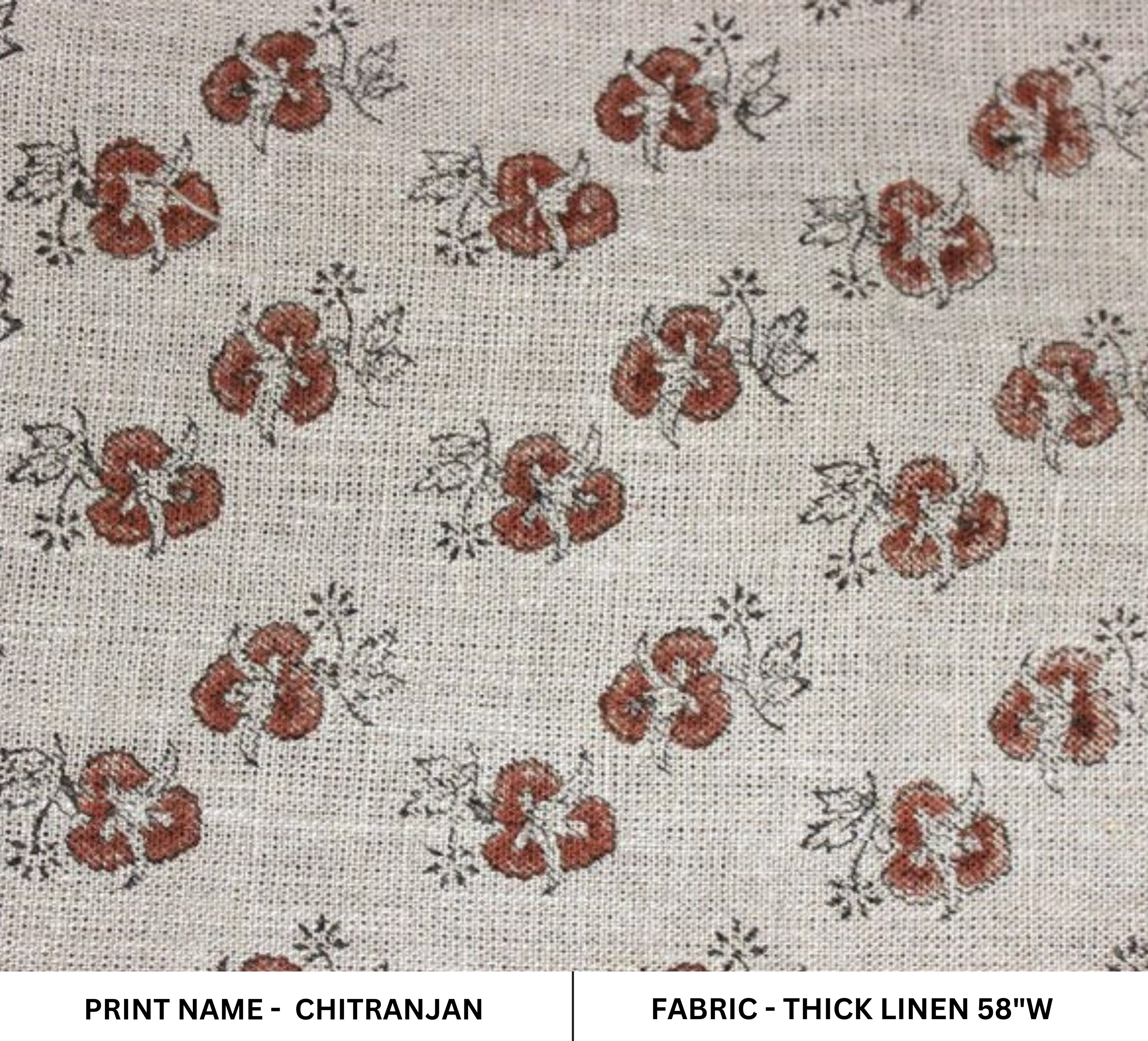 Chittaranjan  Brown Floral, Block Print Fabric,Linen & Cotton Cushion Fabric, Sofa Upholstery, Curtain Fabric, Fabric For Pillow, Neutral