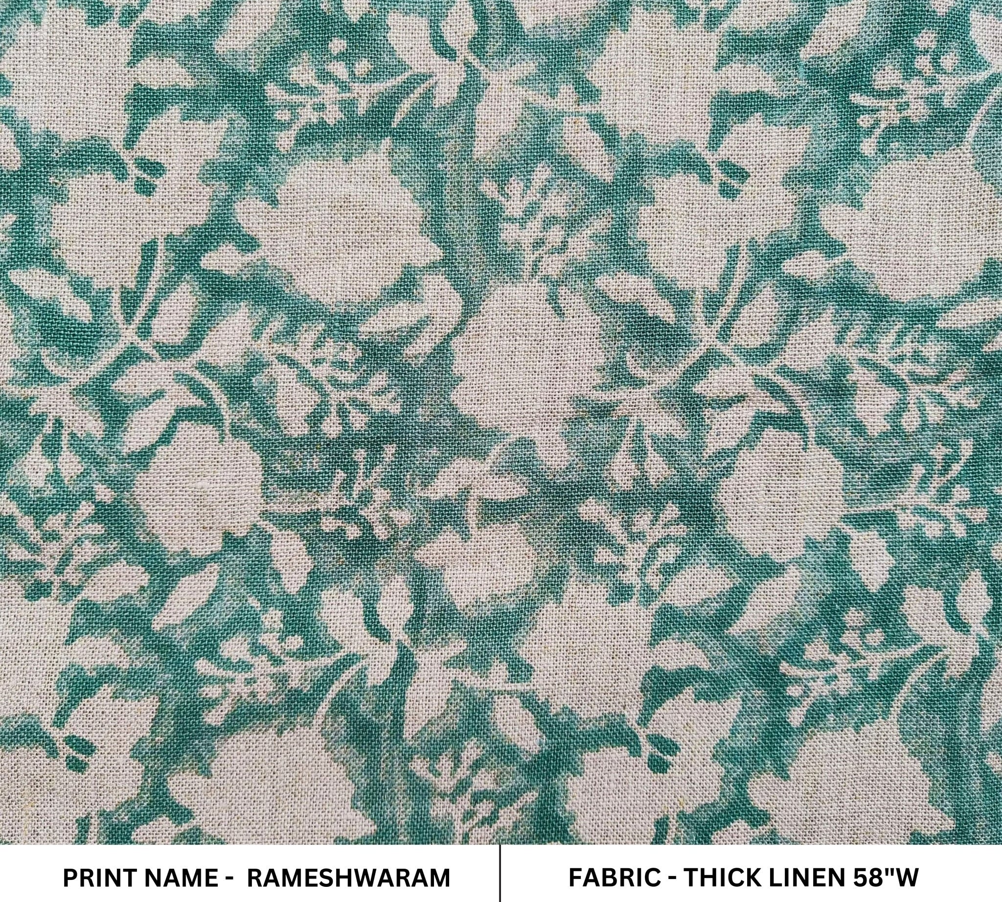 Block Print Linen Fabric, Rameshwaram Sea Green Colour Home Decor Fabric Linen Upholstery Handloom Handblocked Fabric Cushion Fabric