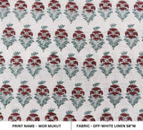 Indian Bedroom Decor Fabric Handmade Block Printed on Off-White Linen - MORMUKUT