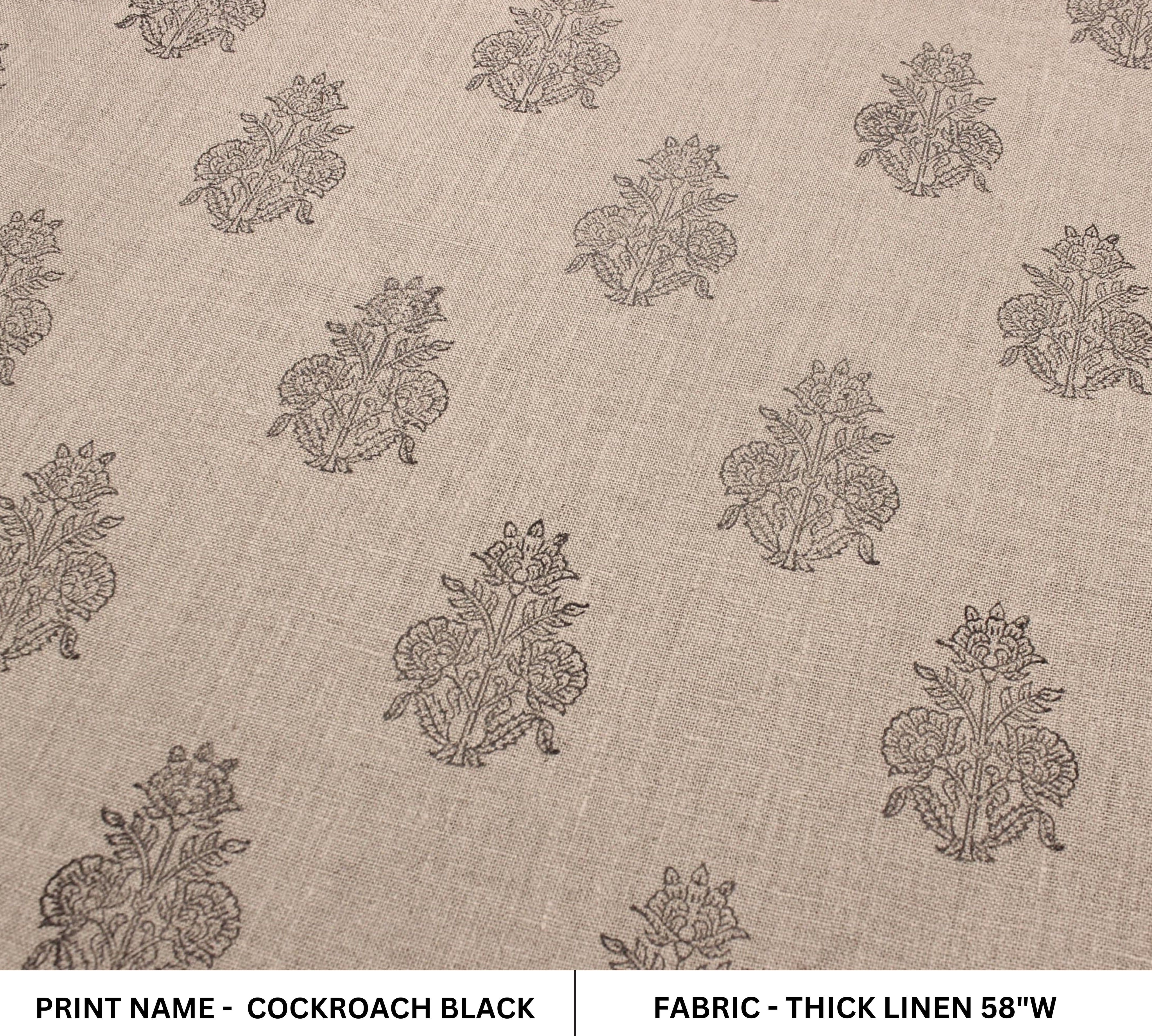 Cockroach Black Linen Block Print  Handloom Gray  Floral Imprint Block Print Pattern, Thick Linen Fabric, Heavy Weight Upholstery Fabric,