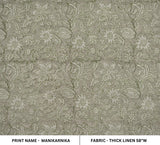 Handmade Throw Boho Dim Gray and Silver Floral Block Print Thick Linen Fabric - MANIKARNIKA