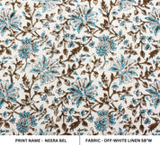 Block Print Linen Fabric, Neera Bel  Pure Linen & Cotton Fabrics With Indian Handmade Block Print Art,Floral Design Running Fabric For Home Decors Upholsterypillows