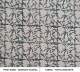 Handmade Art Gray Floral Designer Block Printed Premium Thick Linen Fabric - MIDNIGHT GUDHAL