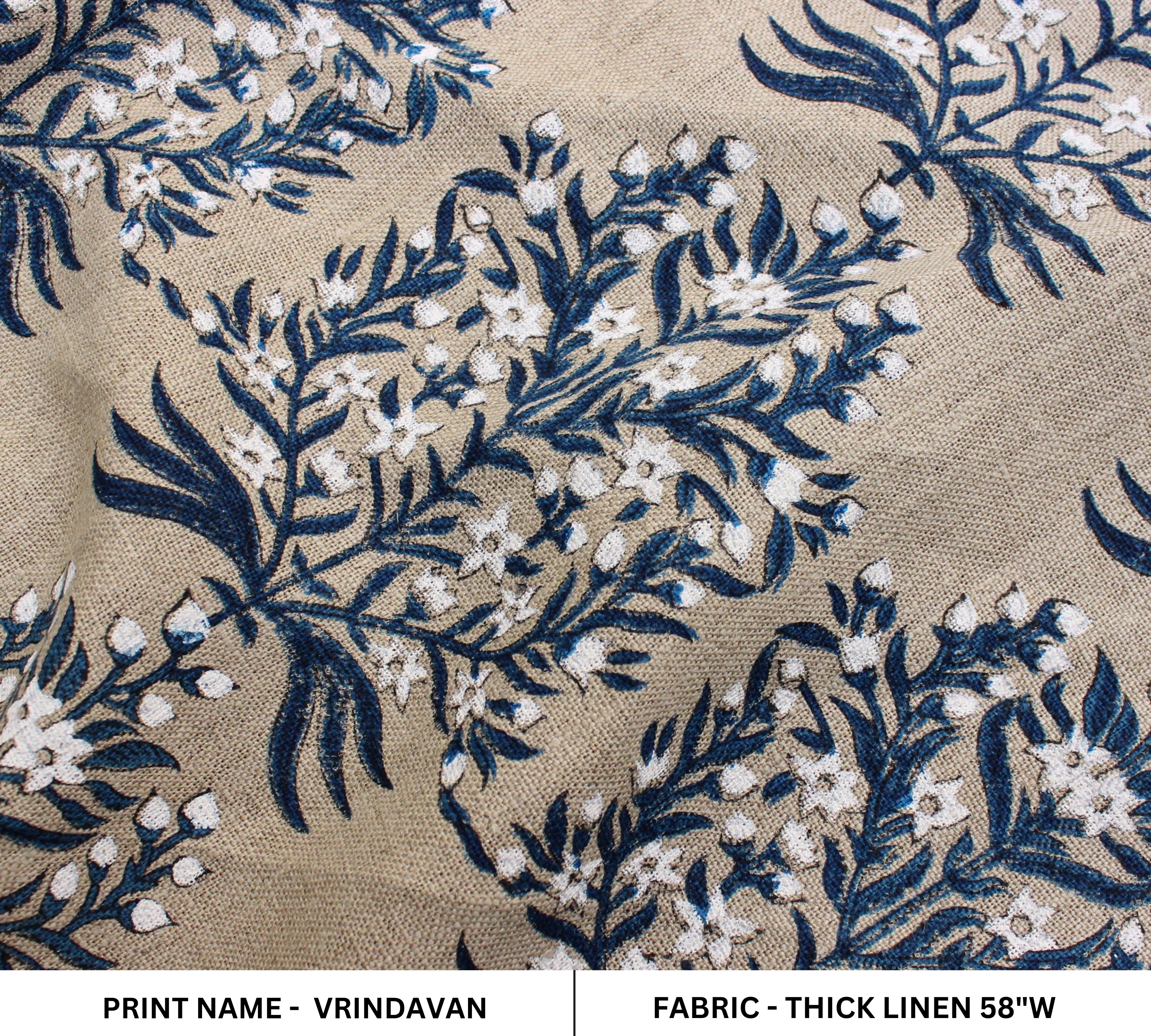 Block Print Linen Fabric, Vrindavan Flower  Hand Block Linen Pure Natural Fabrichandloom Upholstery  India Linen Fabric  Indian Hand Block Print  Indigo & White