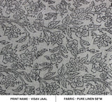 Indian Block Printed Elegant Gray and Black Decorative Floral Pure Linen Fabric - VISHV JAAL