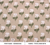 White Rose Block Print Thick Linen Fabric MANMOHAN
