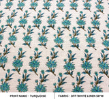 Hand Block Print Off-White Linen Fabric - Turquoise