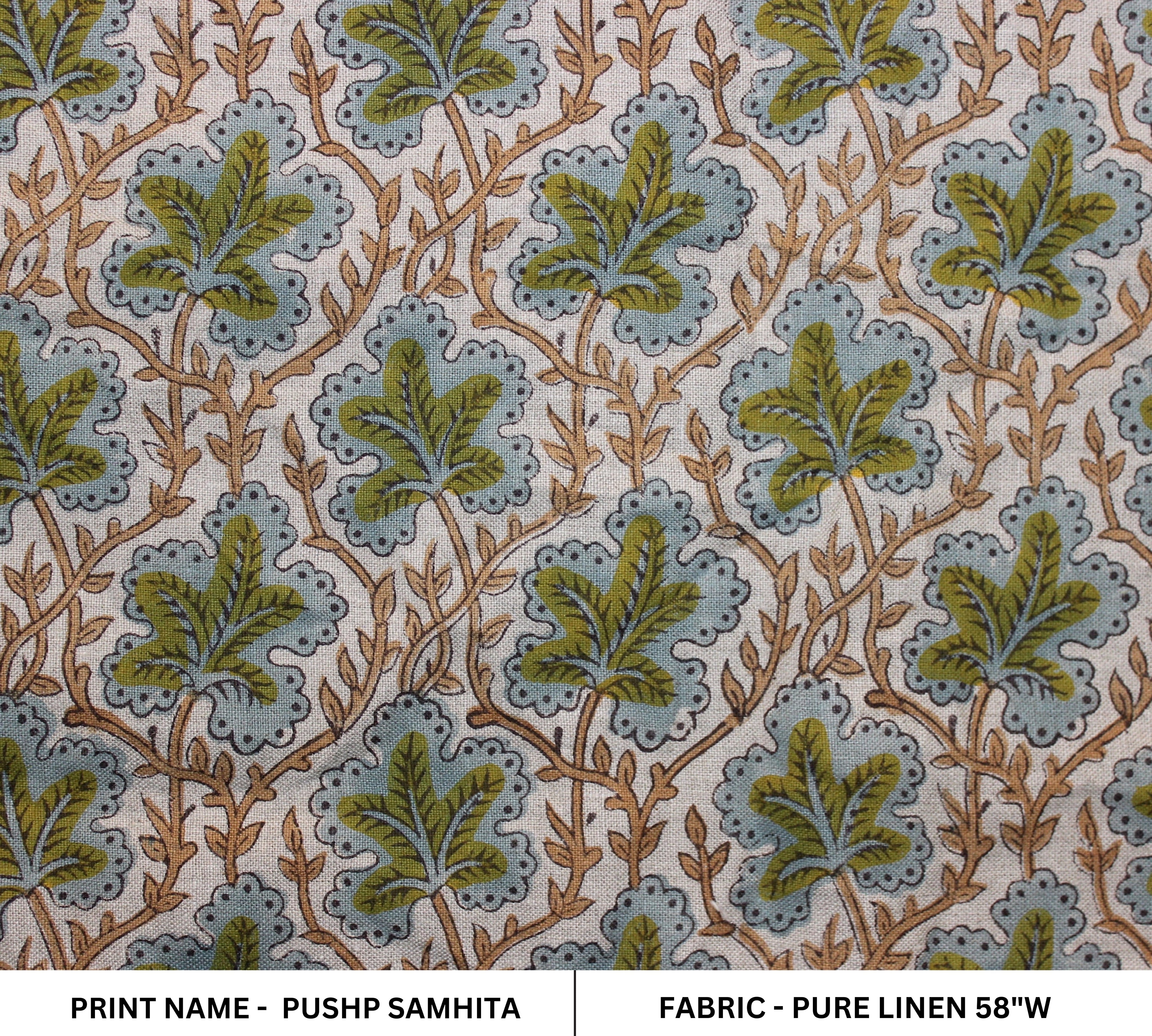 Block Print Linen Fabric, Pushp Samhita    A Unique Floral Printed Fabric, Block Print Fabrics By Yard Flower Upholstery Fabric, Designer Pillow Cover Fabric