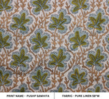 Hand-stamped Green Leaves Block Printed Designer 100% Pure Linen Fabric - PUSHP SAMHITA
