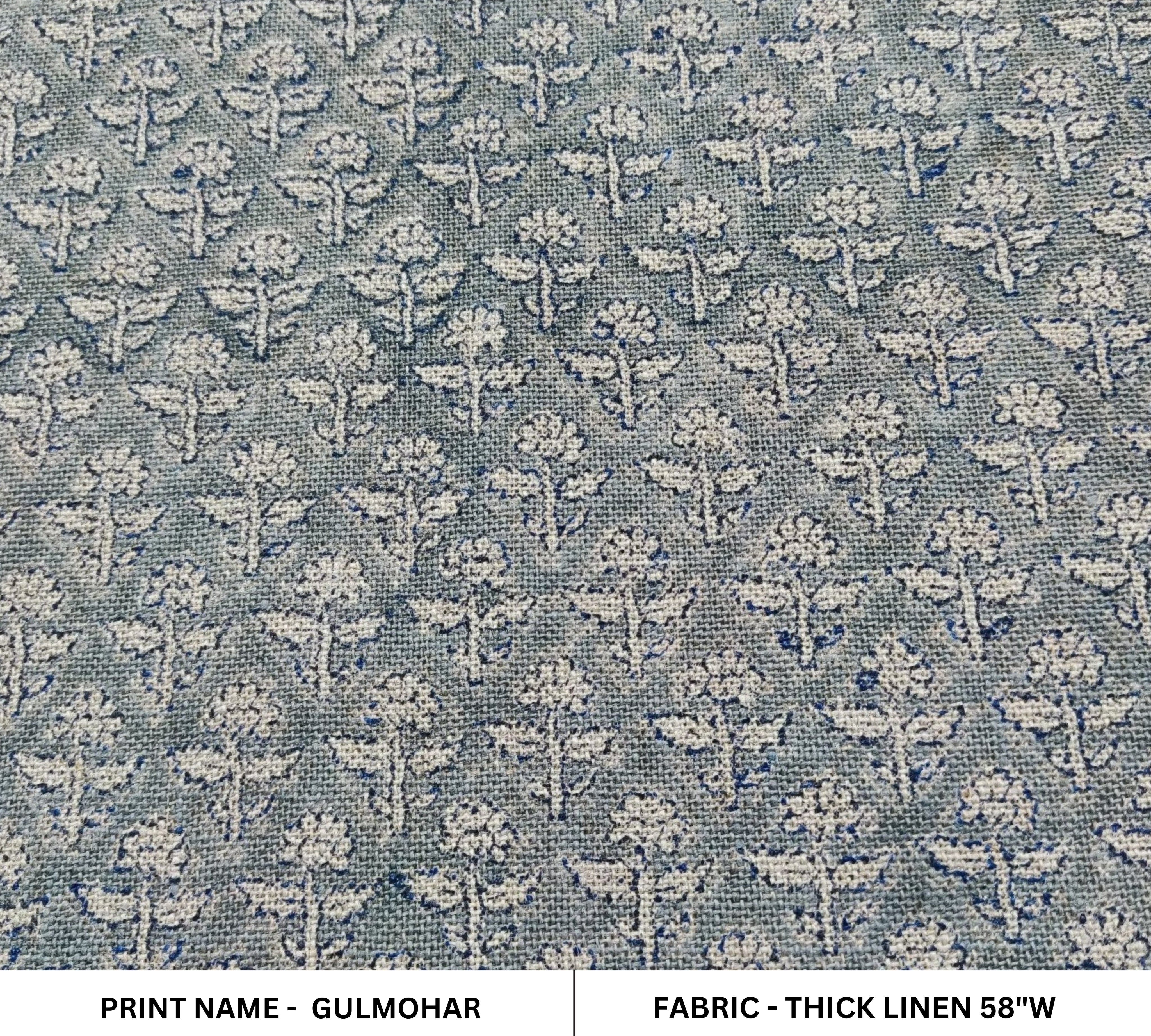 Gulmohar  Heavy Weight Thick Linen  Pure Linen By The Yard  Cushion Fabric  Best Selling  Blue Grey Floral Upholstery  Hand Block