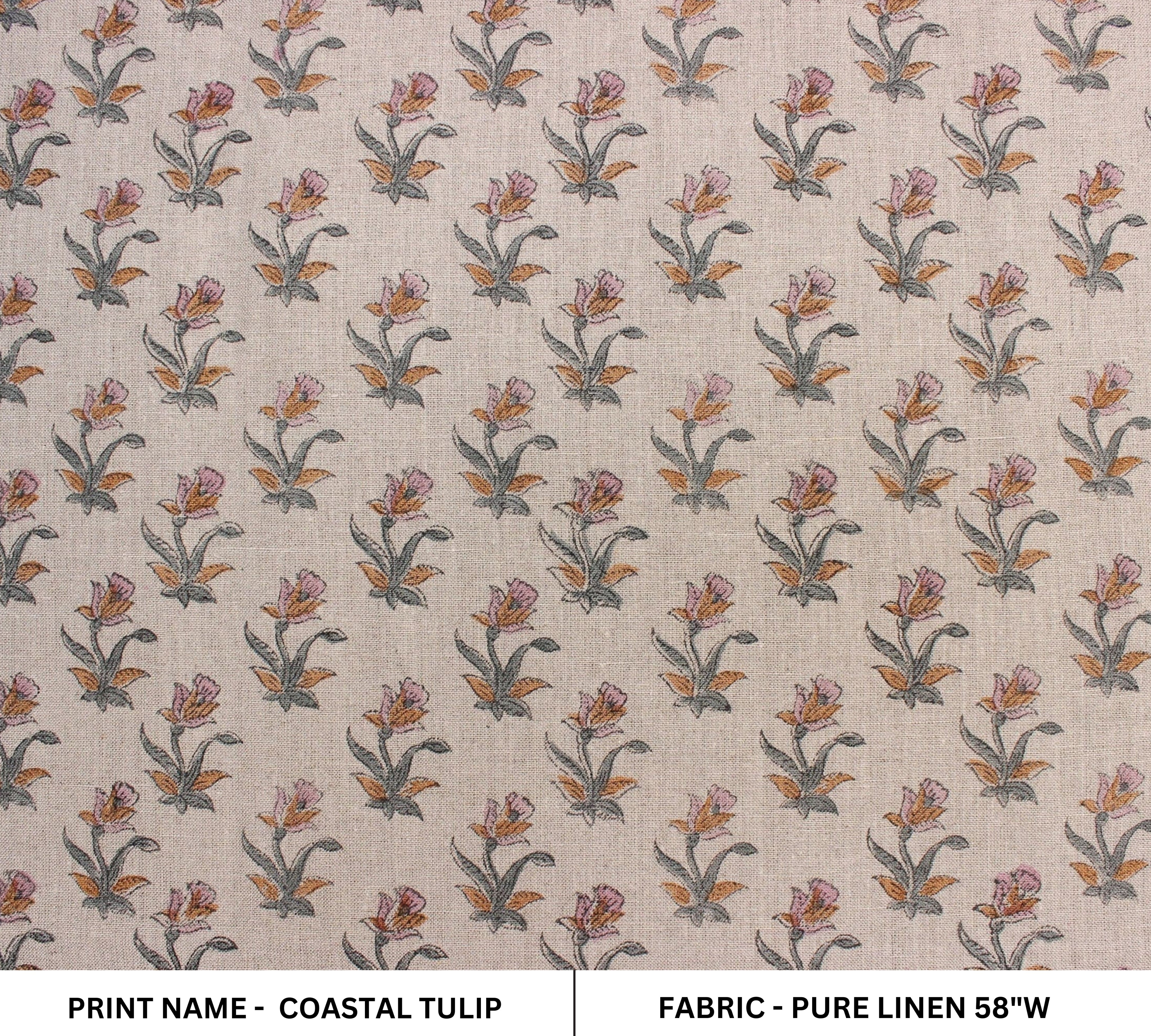 Coastal Tulip  Pure Linen Block Print  Block Print Fabric, Printed Linen Fabric, Block Print Upholstery Fabric, By The Yard, Linen Fabric,