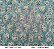 Block Print Linen Fabric, Tulsi Buti  Ocean Blue, Block Print Thick Linen Handloom Linen, Linen Fabric By The Yard, Best For Upholstery, Best Selling Cushion Cover,