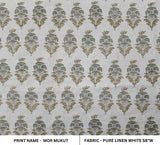 Handcrafted Throw Green & Grey Floral Block Printed Pure Linen Fabric For Cushion - MORMUKUT