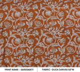 Hand Crafted Rust Brown Floral Block Printed Duck Canvas Fabric For Decor Room - SARASWATI