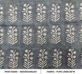 Indian Hand Block Printed Gray Leaf Pure Linen Fabric for Famhouse Window Decor - INDERDHANUSH