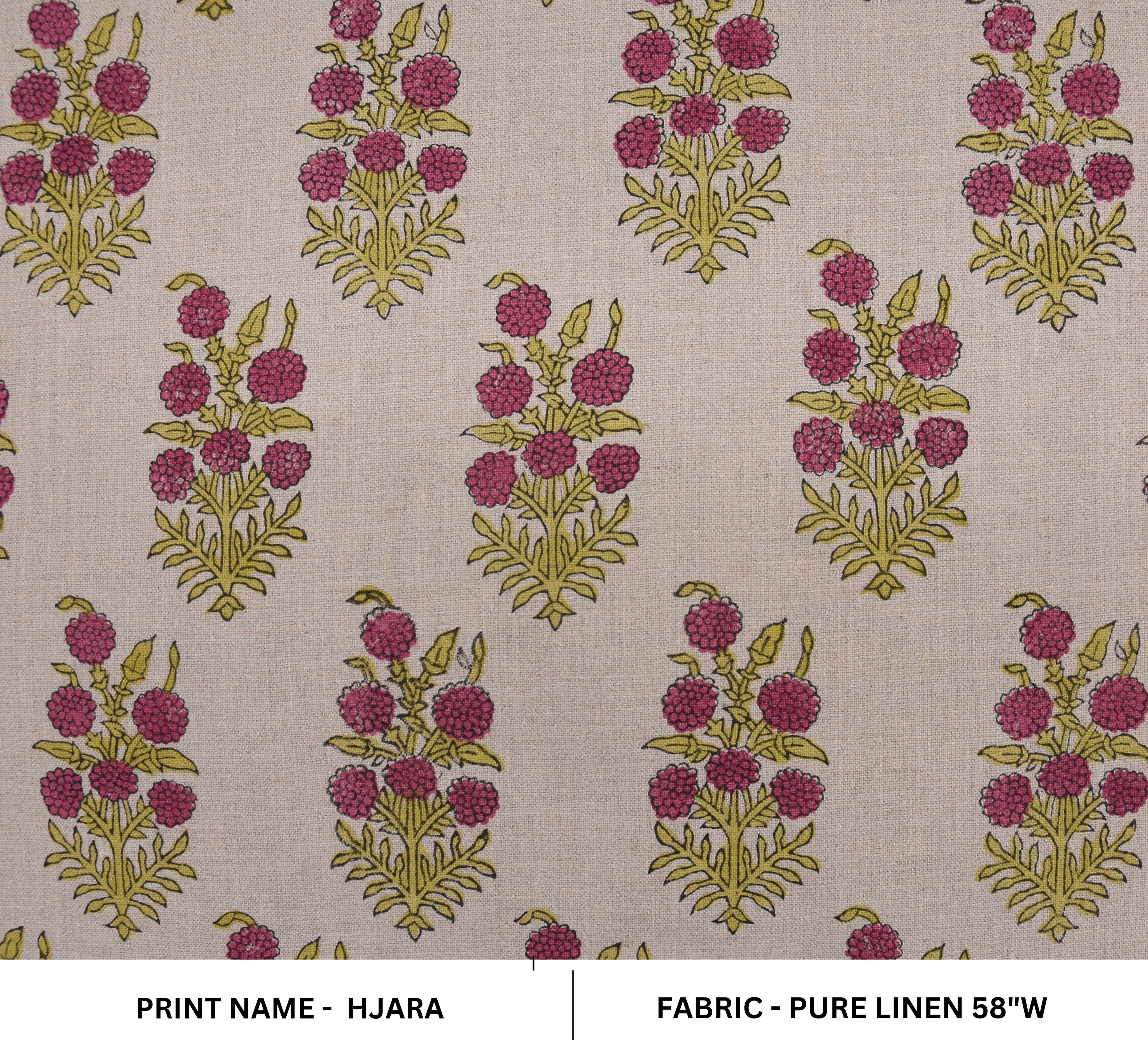 Pure Linen 58" Wide, Indian Handmade Block Print, Decorative Windowpane and Curtain, Pillow Cover and Table Cloth - HJARA