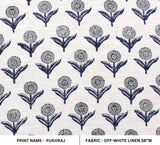 Handcrafted Boho Throw Fabric Gray & Black Floral Block Print on Off-White Linen for Home Decor - Pukhraj