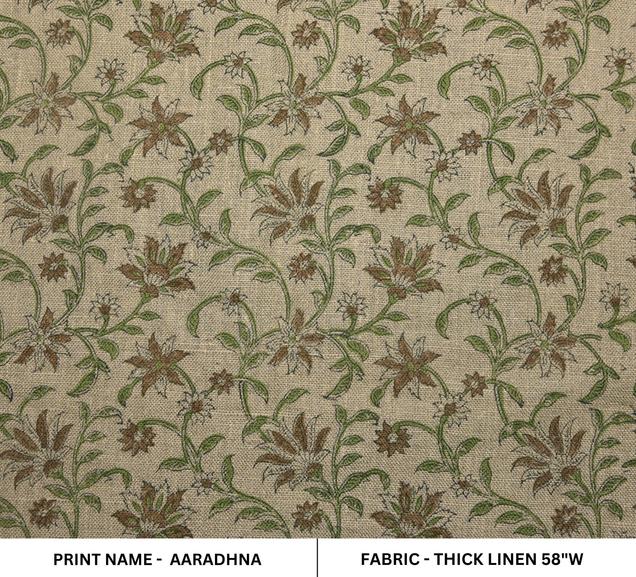 Aaradhna Floral  Brown Green Floral Block Print Linen Fabric, Hand Loom Home Decor Linen Cotton Fabric, Cushion Fabric