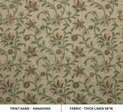 Aaradhna Floral  Brown Green Floral Block Print Linen Fabric, Hand Loom Home Decor Linen Cotton Fabric, Cushion Fabric