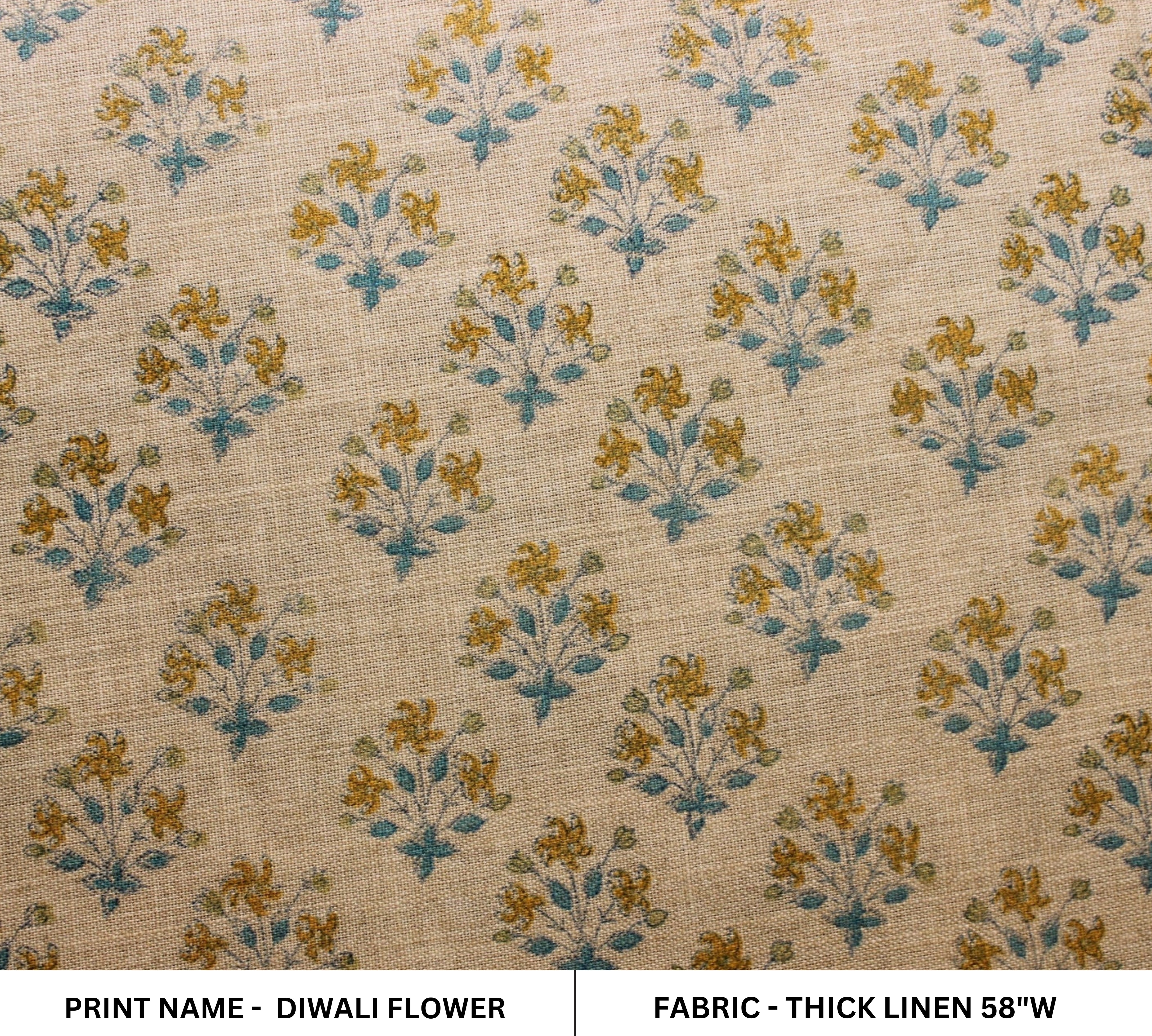 Diwali Flower   Decor Linens,Best For Upholstery,Crafting,Diy,Pure Natural Linen Fabric, Floral Hand Block Print Thick Linen  58"Inch