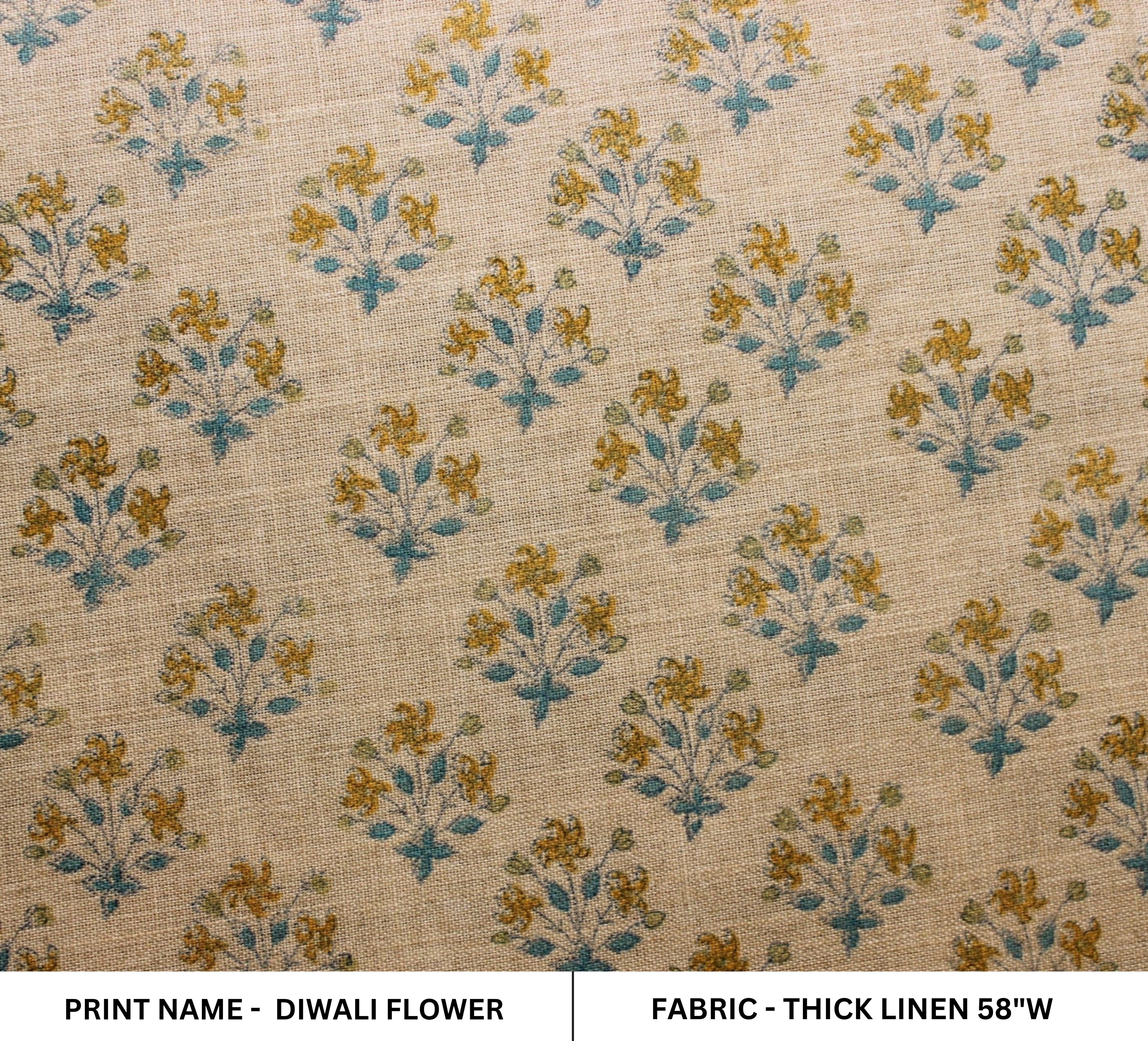Diwali Flower   Decor Linens,Best For Upholstery,Crafting,Diy,Pure Natural Linen Fabric, Floral Hand Block Print Thick Linen  58"Inch