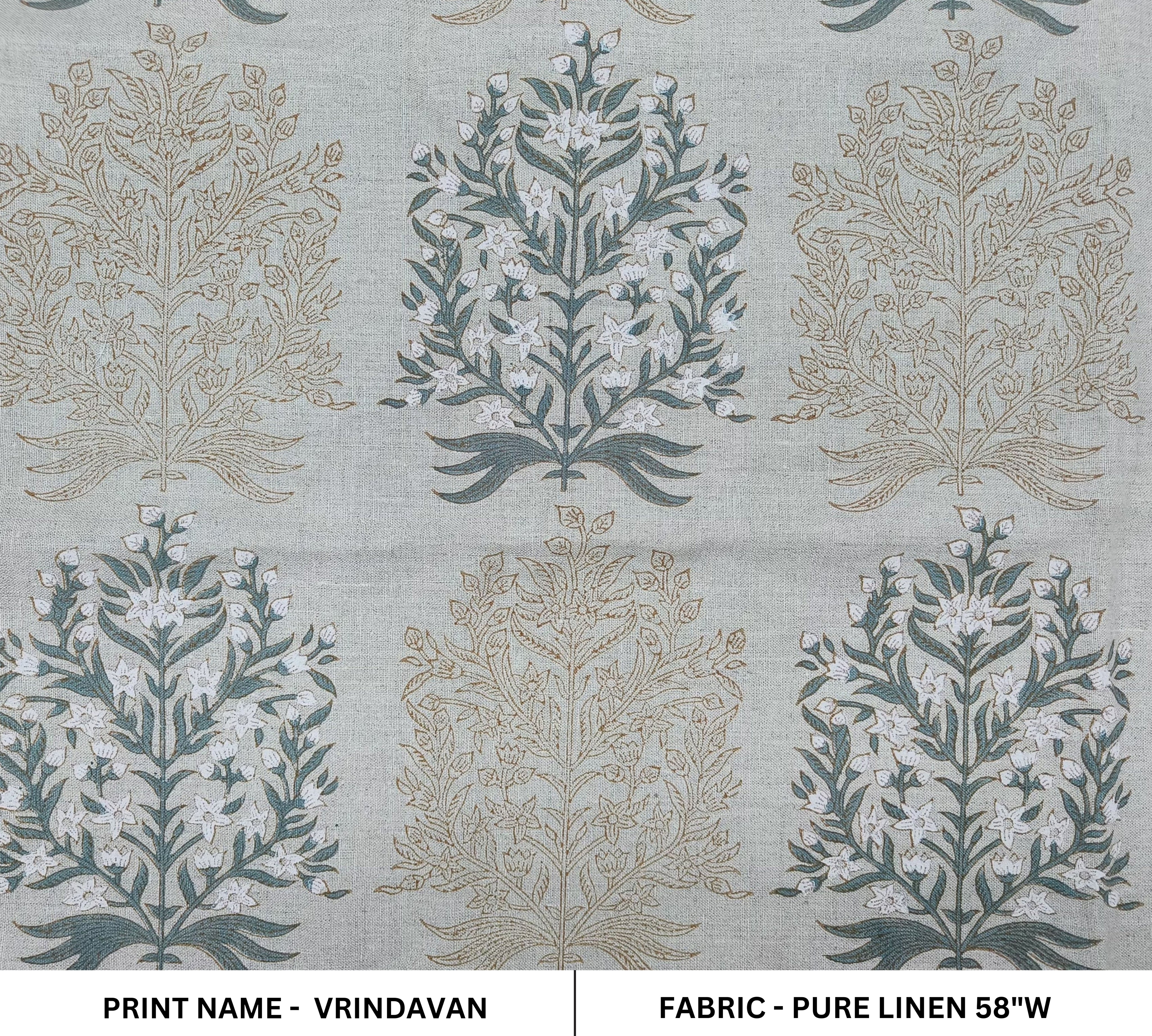 Block Print Linen Fabric, Vrindavan  Dual Shade Gray Floral Block Print Linen Fabric, Gray Flower And Dark Brown Outline,Cushion Fabric Pillow Fabric, Upholstery