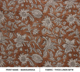 Handmade Brown Floral Block Printed Boho Thick Linen Fabric For Cushion - Manikarnika Design