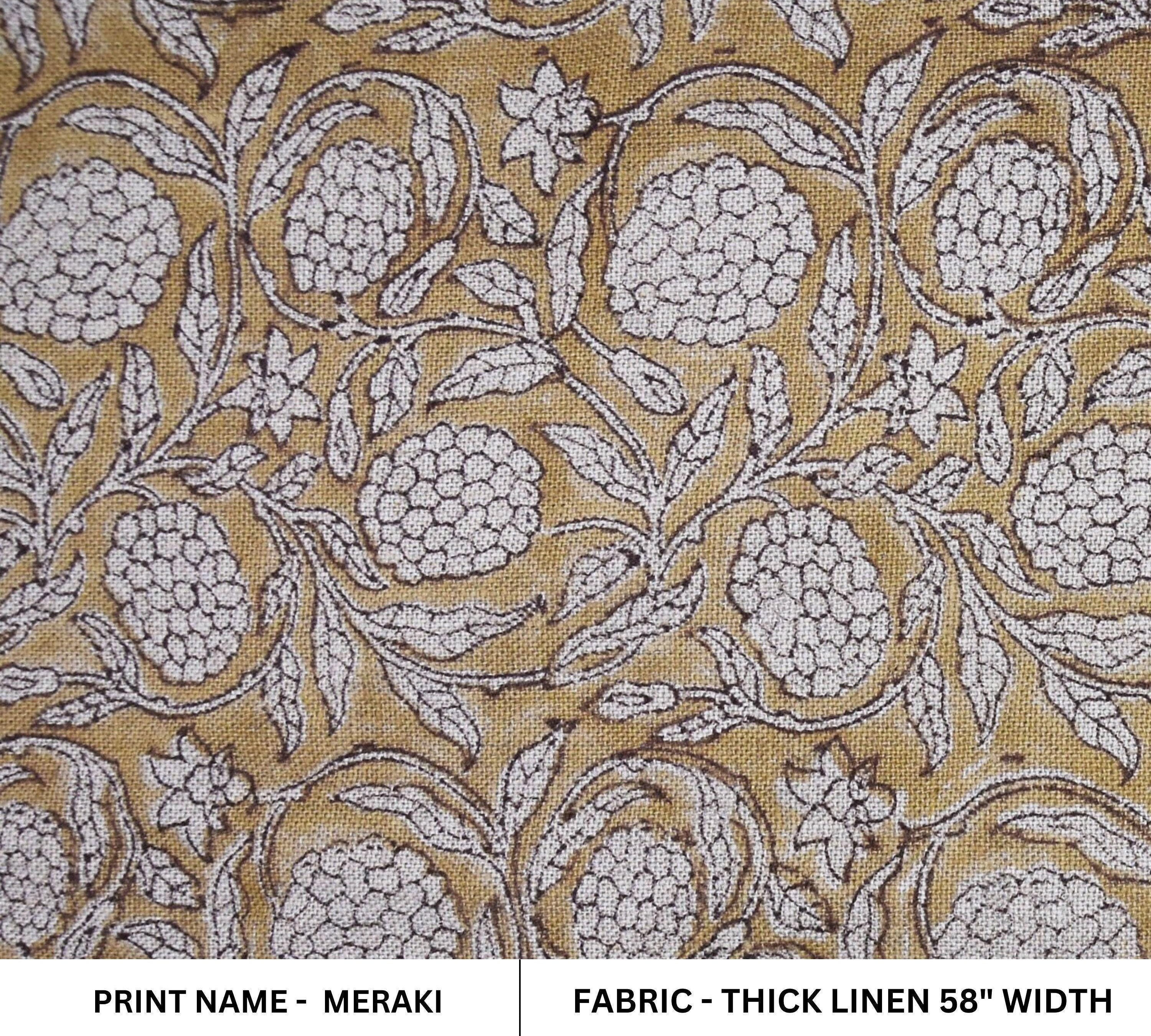 Linen Block Print Fabric 58 Inch Width Heavy Weight Linen Natural Base Color Curtains and Drapes Upholstery Handmade Art Pillow Covers Tablecloths and Runners Bedding Tote Bag Lampshades Napkins by Fabritual
