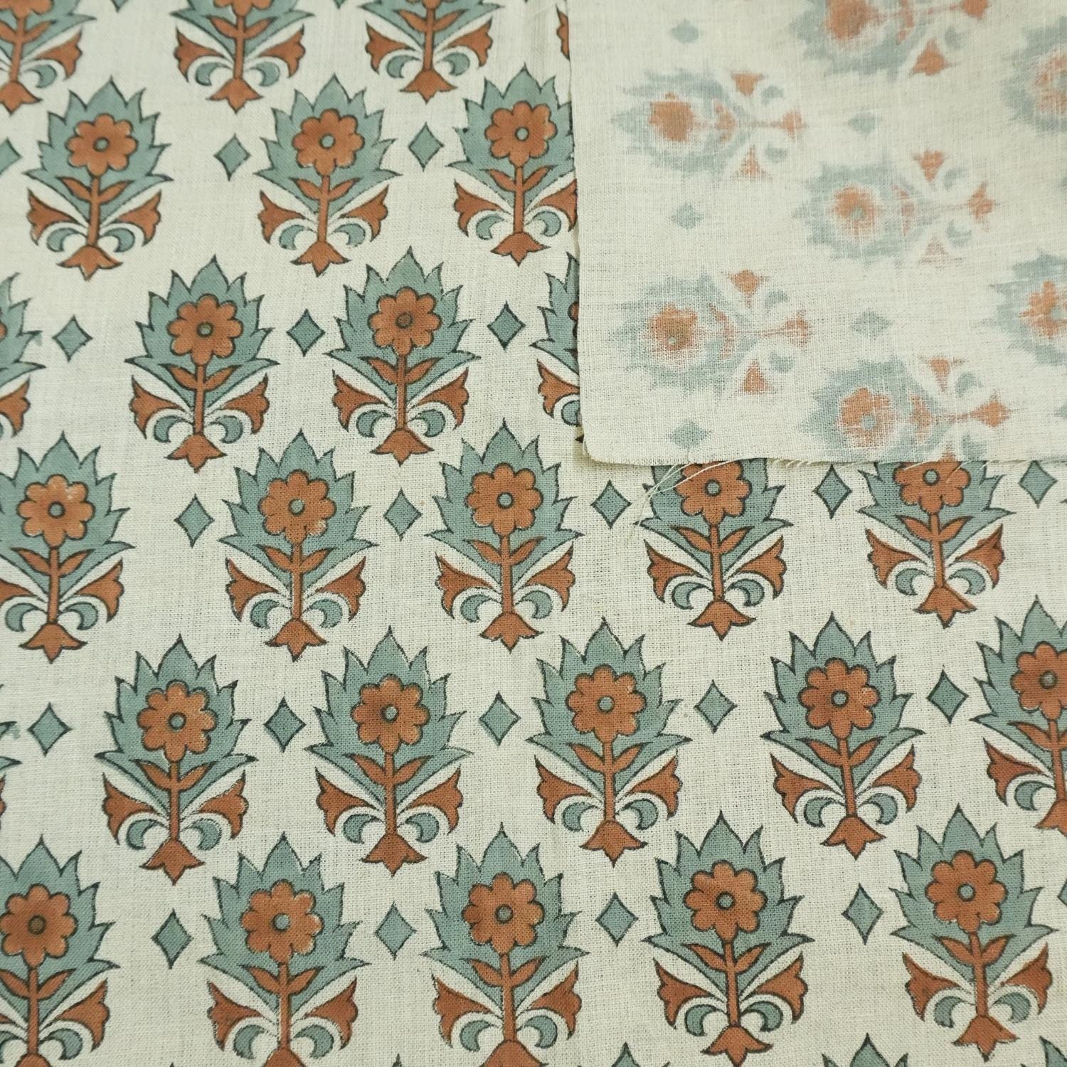 Block Printed 100% Pure Linen Fabric in Bronze and Pastel Blue Floral for Curtains & Decorative Home - KUSUM
