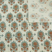 Block Printed 100% Pure Linen Fabric in Bronze and Pastel Blue Floral for Curtains & Decorative Home - KUSUM