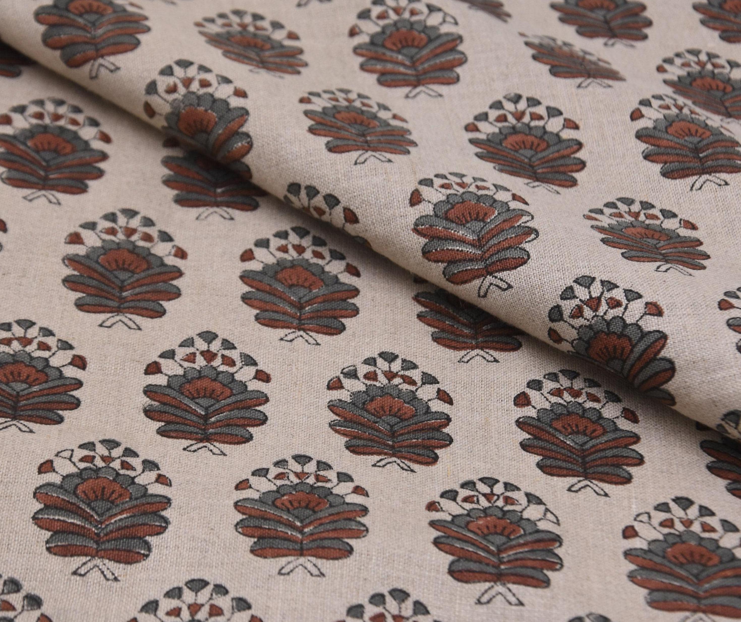 Linen Block Print Fabric 58 Inch Width Medium Weight Linen Natural Base Color Curtains and Drapes Upholstery Pillow Covers Tablecloths and Runners Bedding Tote Bag Lampshades Napkins by Fabritual