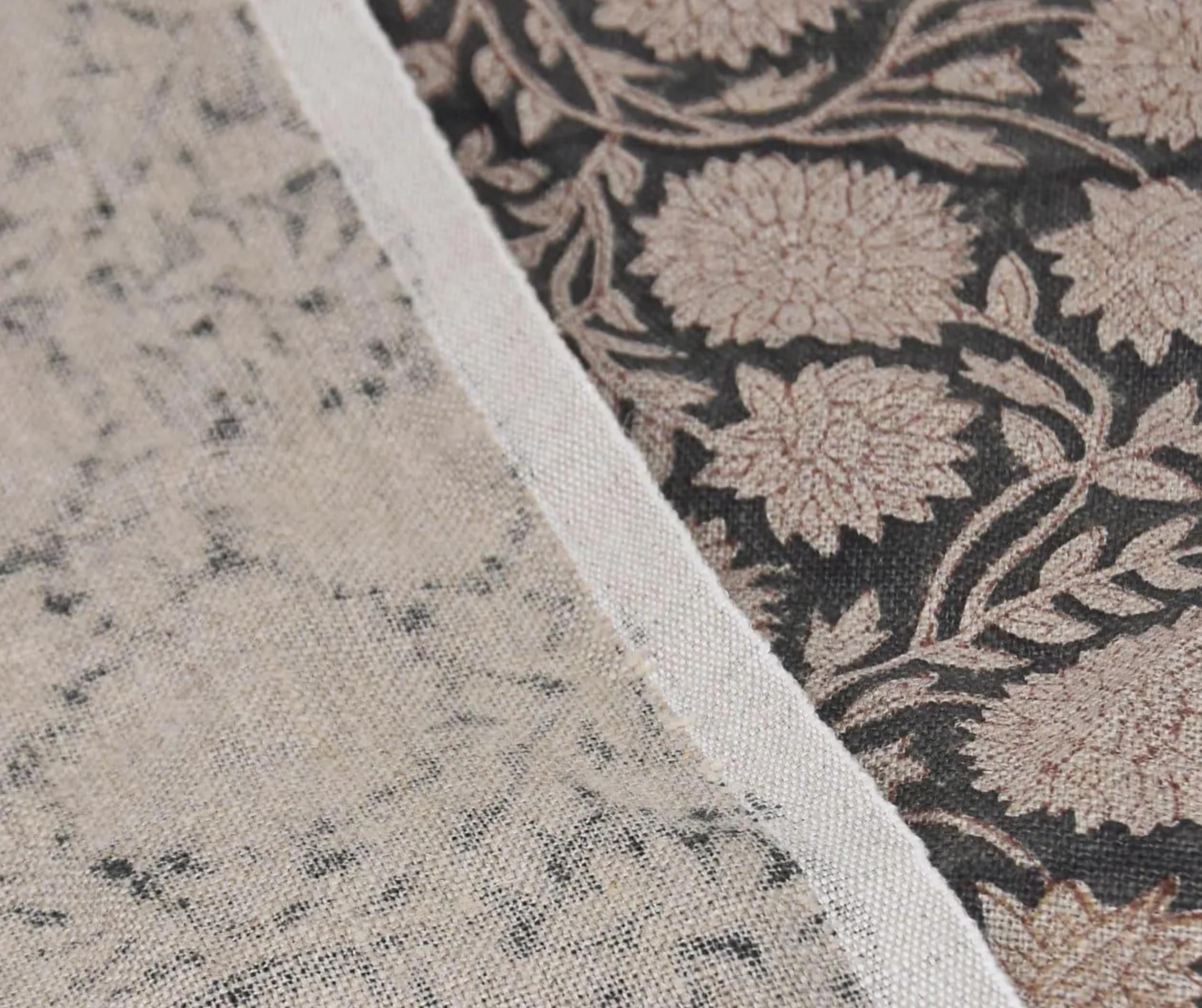 Linen Block Print Fabric 58 Inch Width Heavy Linen Natural Base Color Creative Handcrafted Floral Design To Make Curtains and Drapes Upholstery Pillow Covers Tablecloths and Runners Bedding Tote Bag