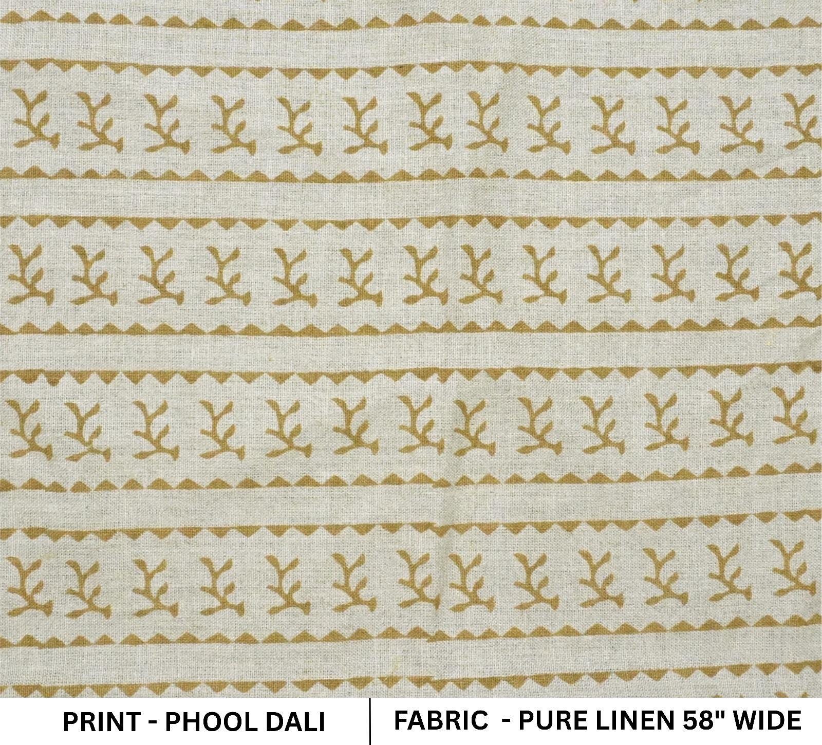 Pure Linen Fabric Natural Soft Block Printed Pastel Gray and Bronze Metallic Floral for Tablecloth & Upholstery - Phool Dali