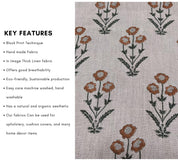 Amitabh Boota  Brown Floral Hand Block Print Linen, Designer Pillow Cushion Fabric, Modern Home Decor